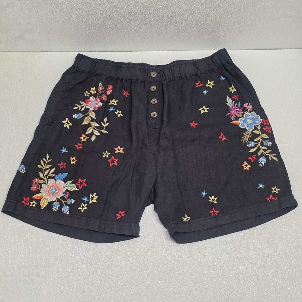 JW Los Angeles Womens Black Linen Stars And Floral Embroidered Shorts Large